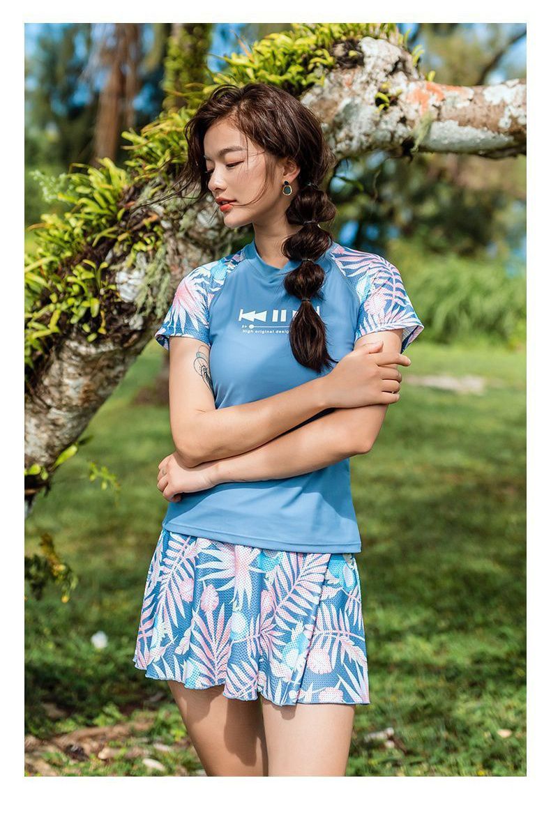 361° - 渡假風短袖裙裝泳衣-熱帶樹葉-粉+藍