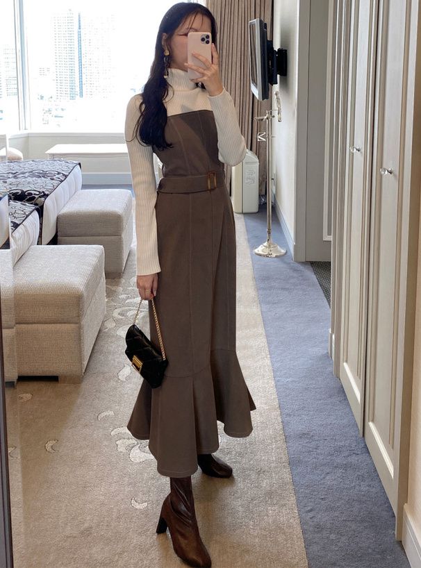 日本 GRL - 質感麂皮修身吊帶魚尾裙(附腰帶)-咖啡