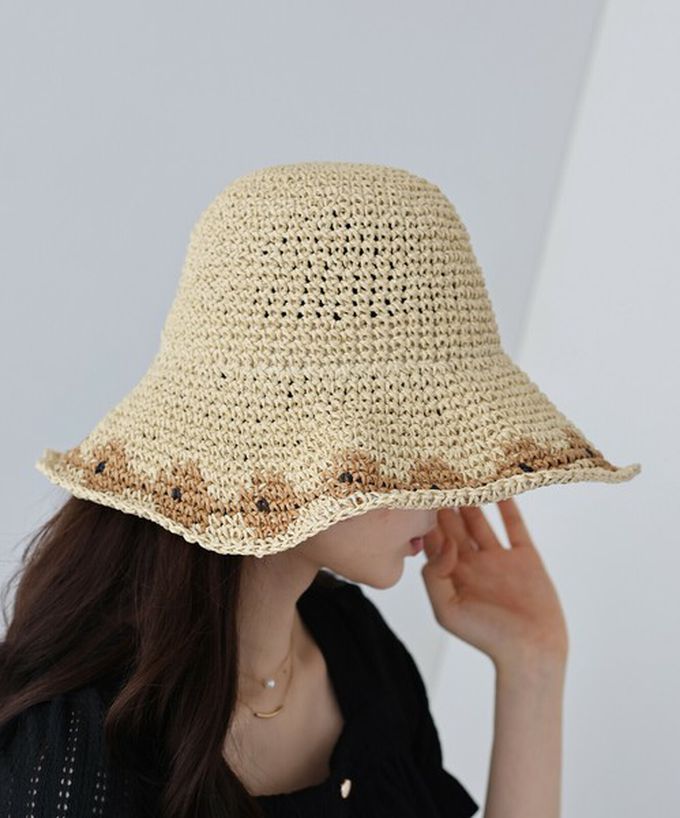 日本 BLUE EAST - 甜蜜花朵編織遮陽漁夫帽-米杏