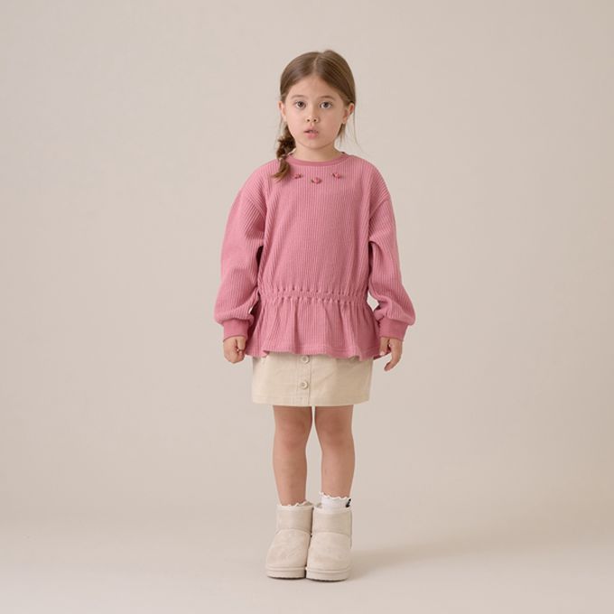 日本 Lycee mine - 華夫格領口小花束腰長袖上衣-淺藍