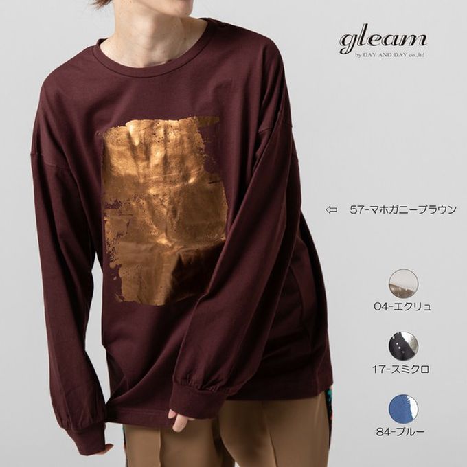 日本 gleam - 燙金時尚光澤廓形寬版長袖上衣-藍x銀