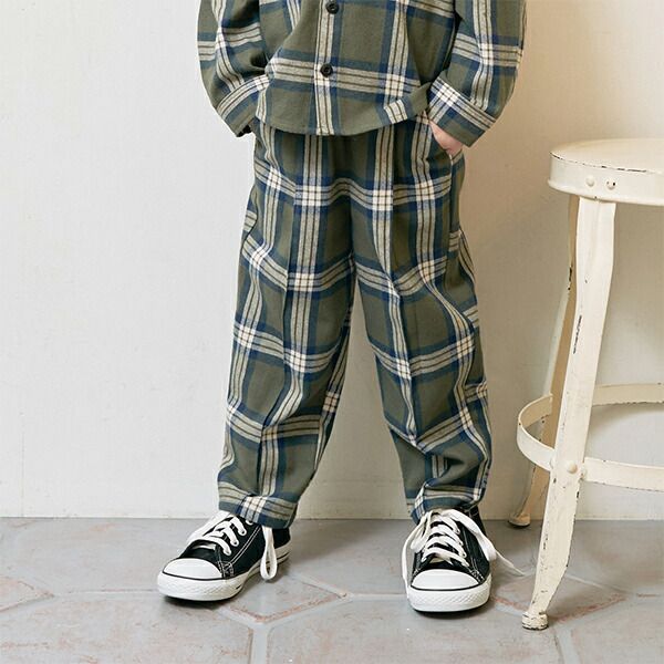 日本 b-ROOM - 英倫格紋寬版休閒長褲-焦糖系