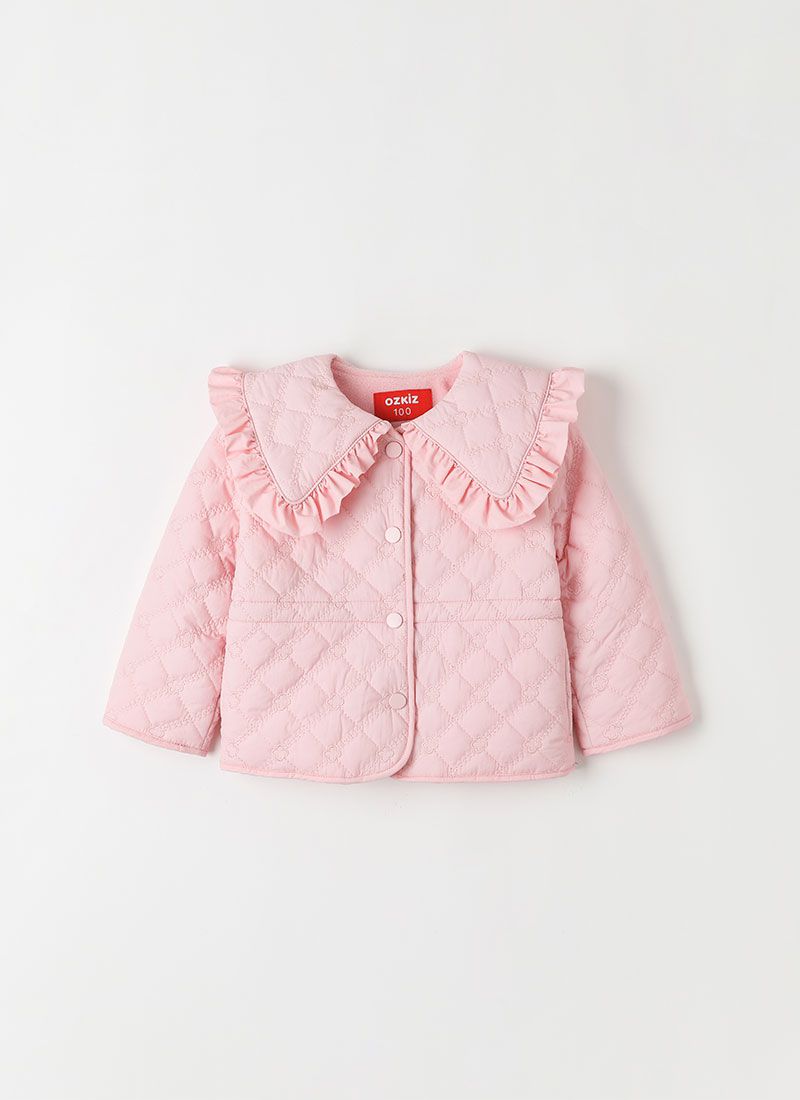 韓國 OZKIZ - 繡花紋保暖搖粒絨翻領外套-粉