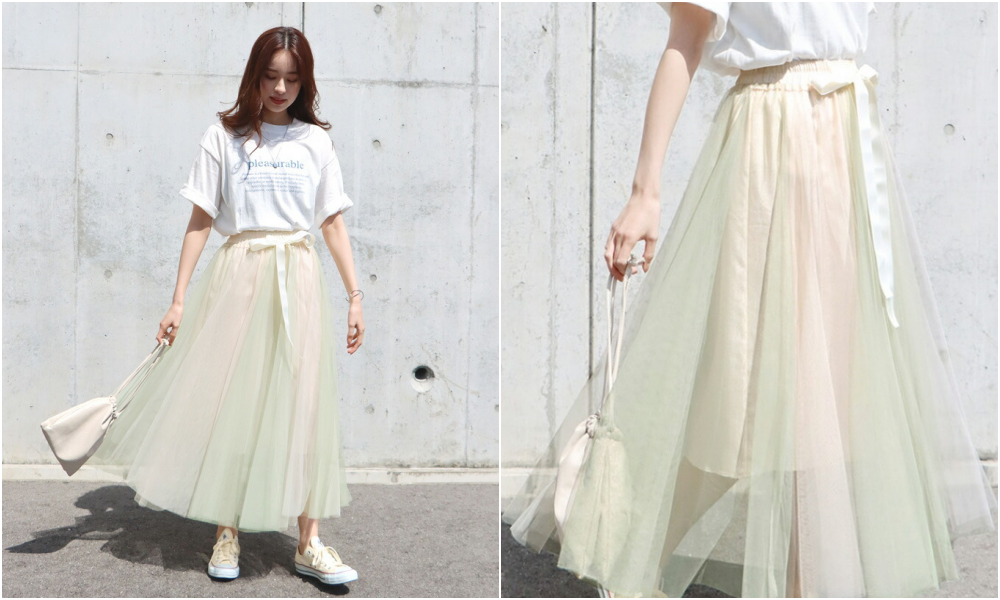 日本 BLUE EAST - 浪漫漸層拼接蝴蝶結綁帶紗裙-粉 (M(Free))