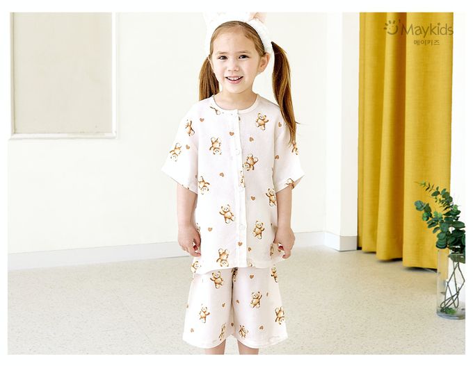 韓國 Maykids - 涼感嫘縈透氣短袖睡衣套裝-泰迪熊-白