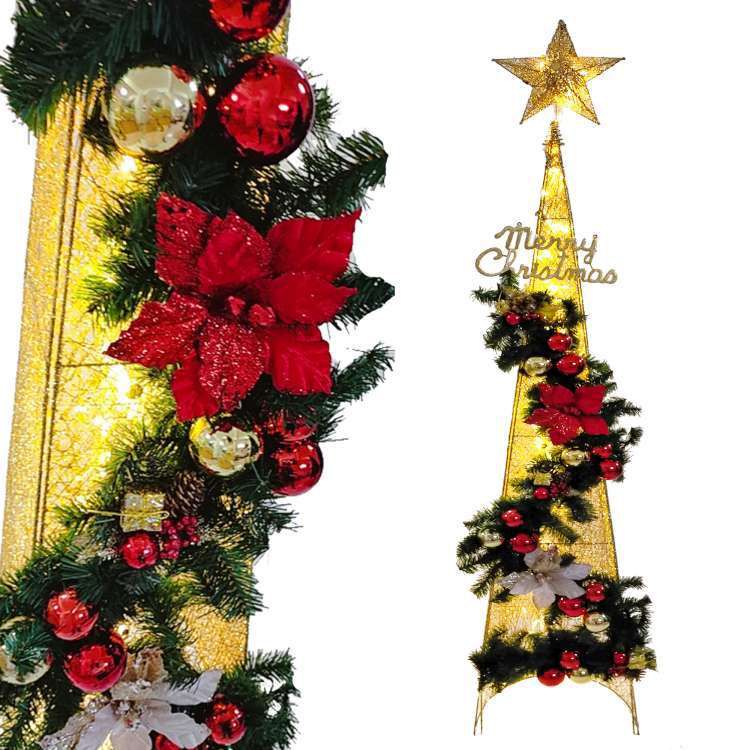 MODACore 摩達客 - 耶誕-6尺/6呎(180cm)豪華優雅金紅系聖誕裝飾四角樹塔+LED100燈插電式燈串(暖白光)附控制器