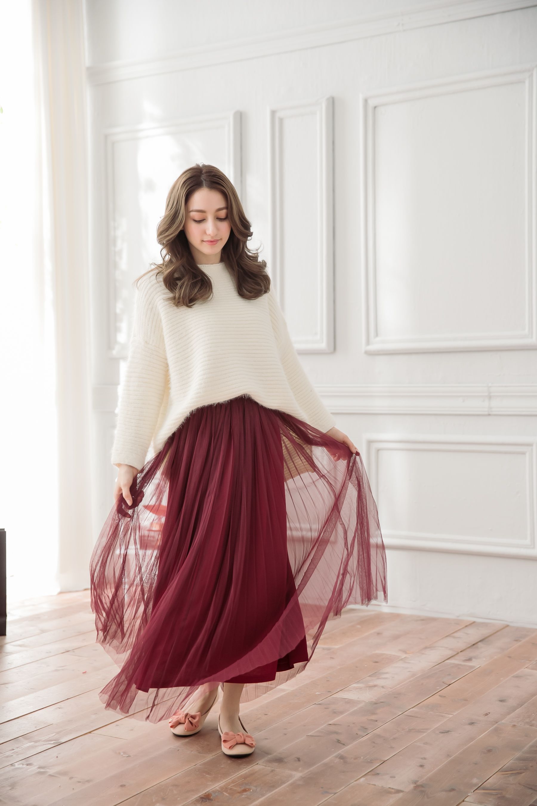 Peachy - 獨家訂製綿柔優雅綁帶百褶紗裙-綁帶百褶版-葡萄酒紅 (F)