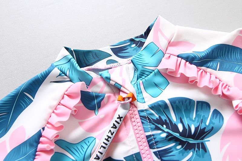 女寶長袖連身泳裝(附帽子)-滿版葉子-粉色