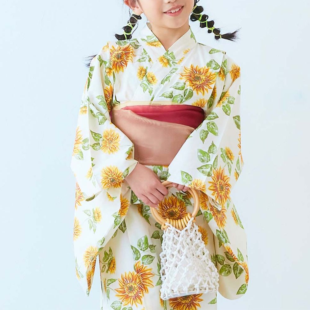 純棉 2way穿搭華麗浴衣洋裝(4件組)-青春向日葵-象牙白