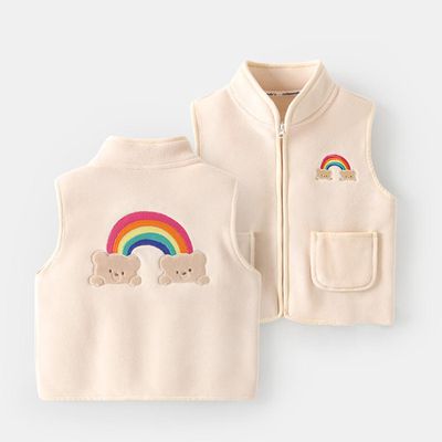 CUTEPANDA'S - 小立領雙口袋拉鍊保暖背心-彩虹熊-米白色