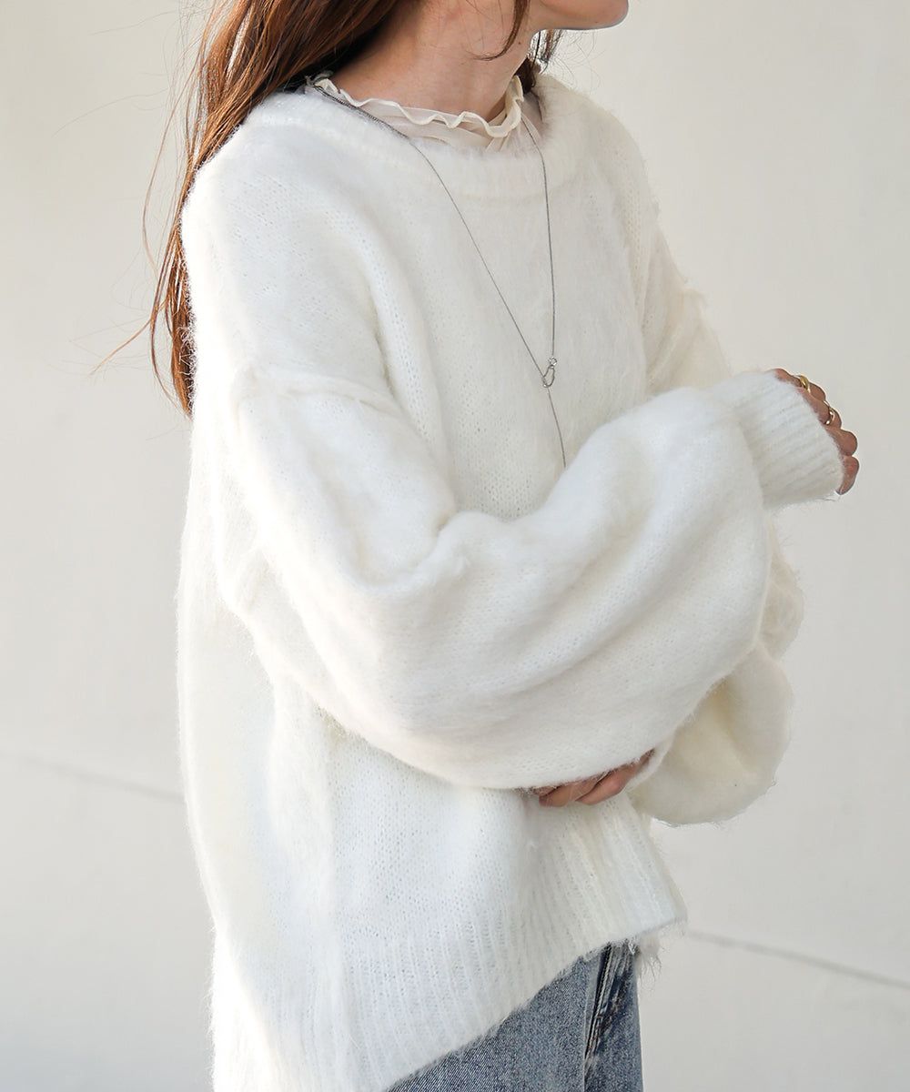 日本 Bab - 澎袖毛海溫柔廓形針織上衣-淺灰