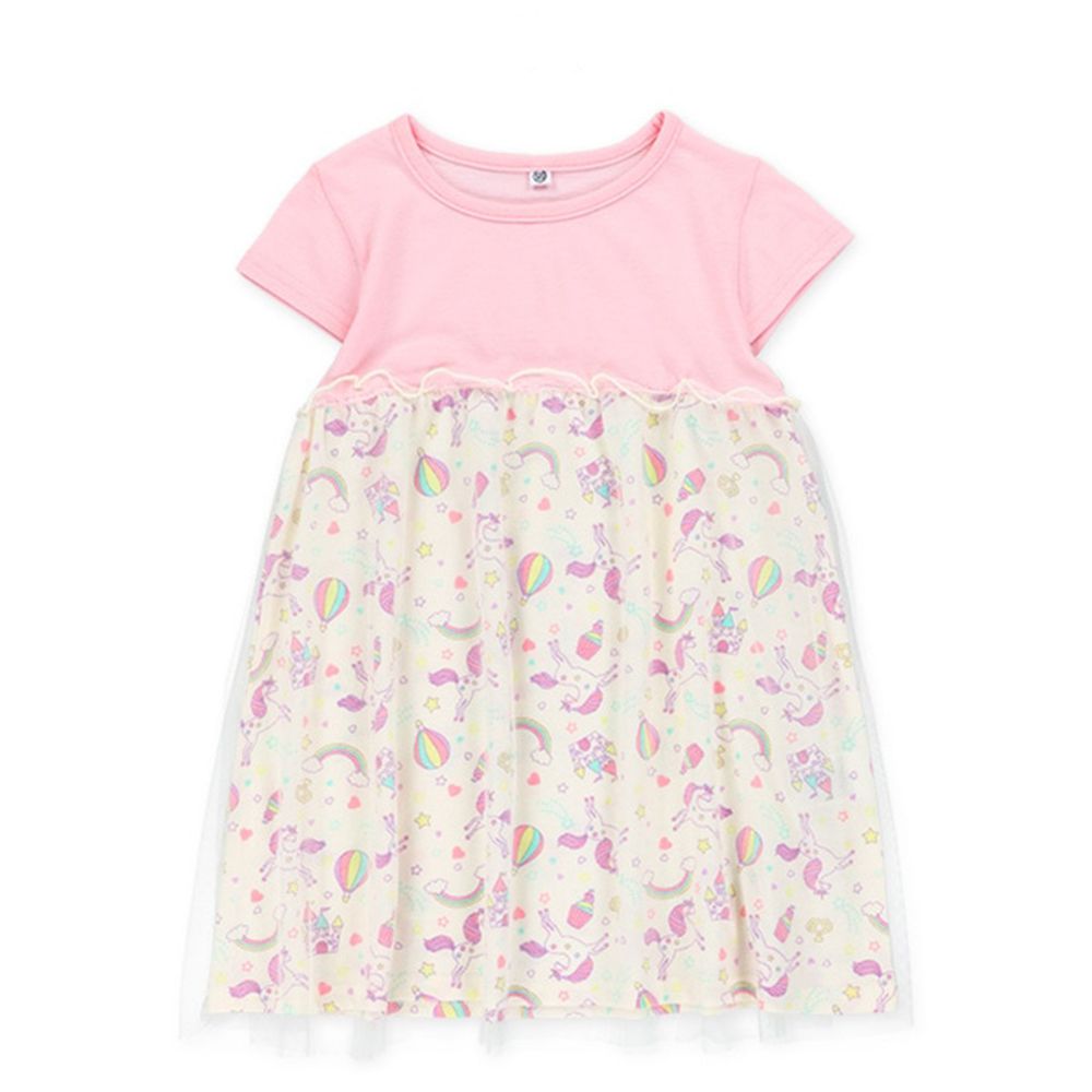 薄紗拼接浪漫短袖洋裝-彩虹獨角獸-粉紅
