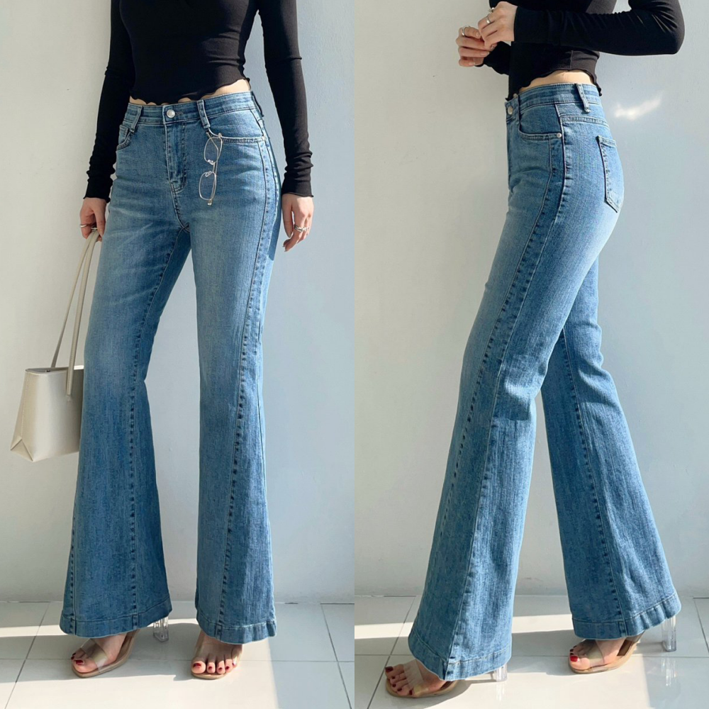 Howluk 彈性腰拼接車線喇叭丹寧褲-中青