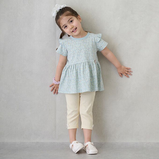 日本 petit main - 荷葉袖傘狀層次短袖上衣-星星-薄荷綠