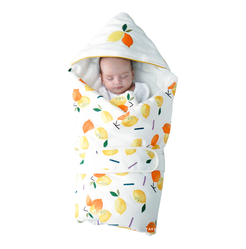Muslin Tree - 秋冬嬰兒連帽抱被 全棉新生兒包巾/蓋被(附腰帶)-雙色檸檬 (90*90cm)