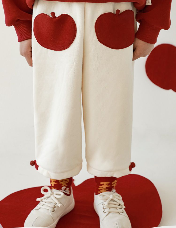 TONGMO - (加絨)喜氣腰鬆緊束口長褲-蘋果口袋-杏色