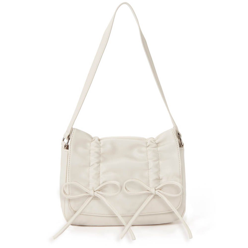 甜美皺摺雙蝴蝶結迷你肩背包-象牙 (F)