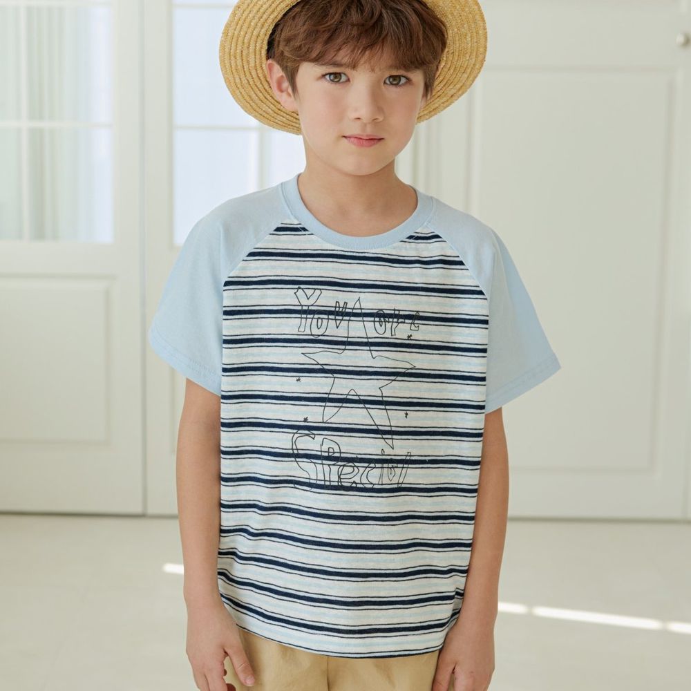 ERINJ 條紋拼接手繪星星純棉短袖上衣-天藍