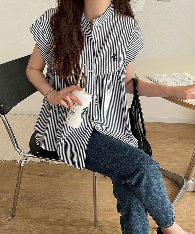 日本 Classical Elf - 刺繡logo成熟俐落法式袖襯衫-白