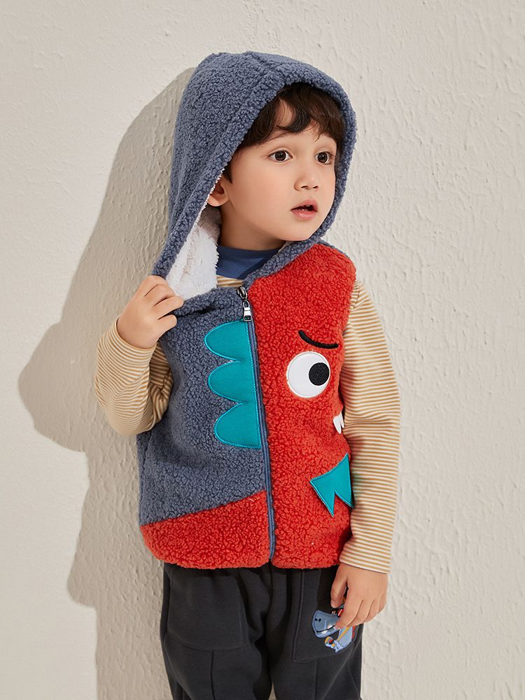 立體造型連帽羊羔絨背心-半臉小妖怪-藍+紅