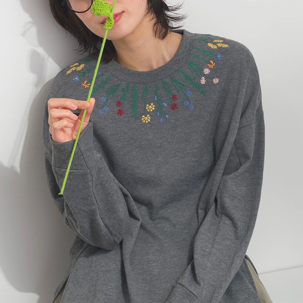 彩色刺繡花卉領裏毛長袖上衣-炭灰