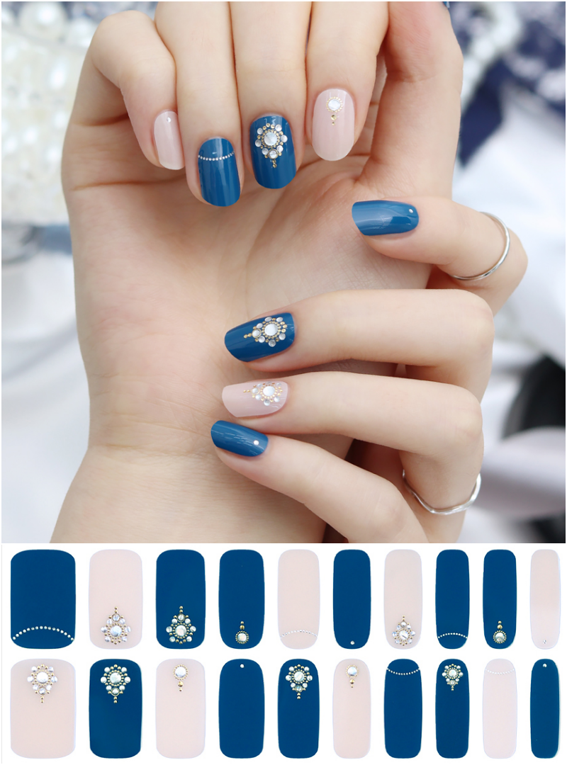 韓國 Glossy Blossom - 美甲貼-藍粉水鑽-一張20貼+美甲貼磨甲棒