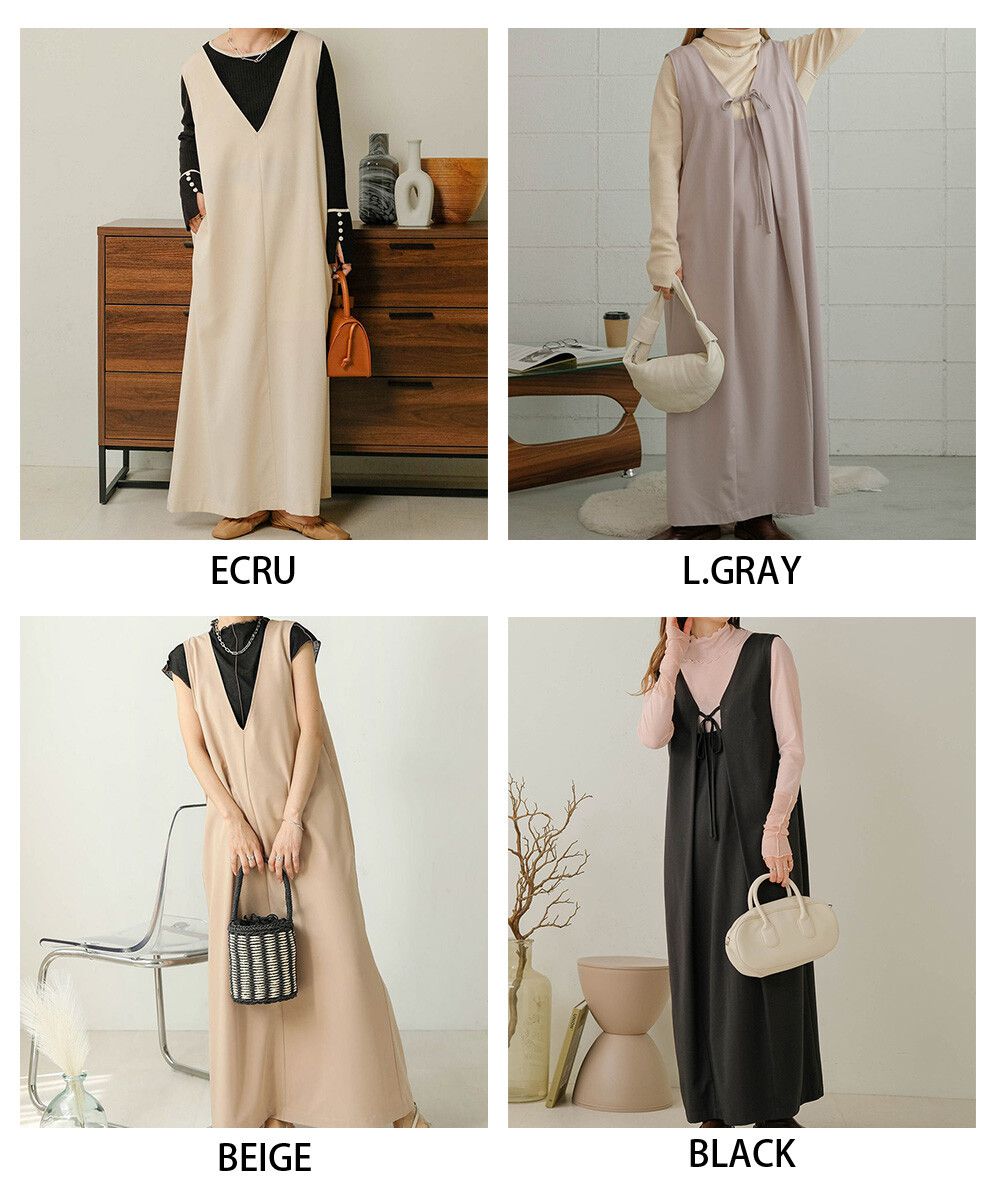 日本 Bab - [日雜推薦] 氣質綁帶V領背心裙-石英灰