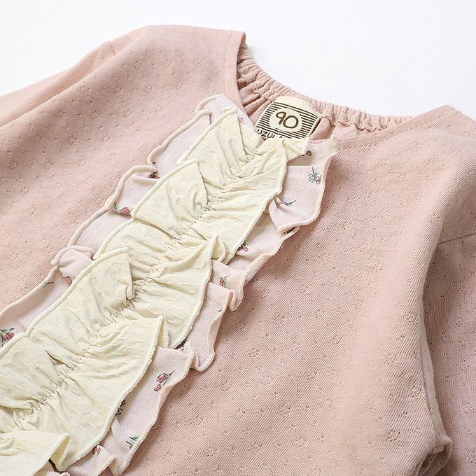 日本 ZOOLAND - 胸前層次摺邊圓領長袖上衣-緹花紋理-米白