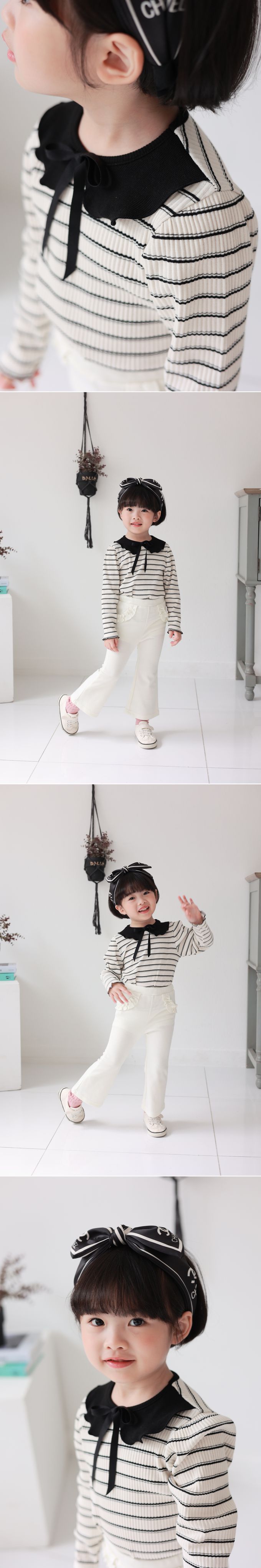 韓國 Dalla - 荷葉裝飾領橫紋彈性長袖上衣-粉X黑