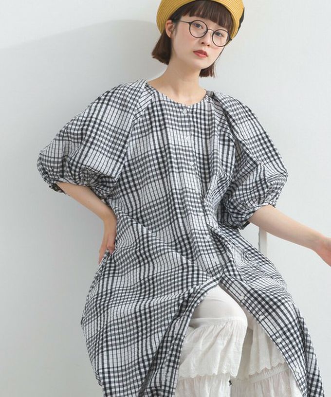 日本 Lupilien - 前後2way 印度棉泡泡袖輕盈洋裝-黑白格紋