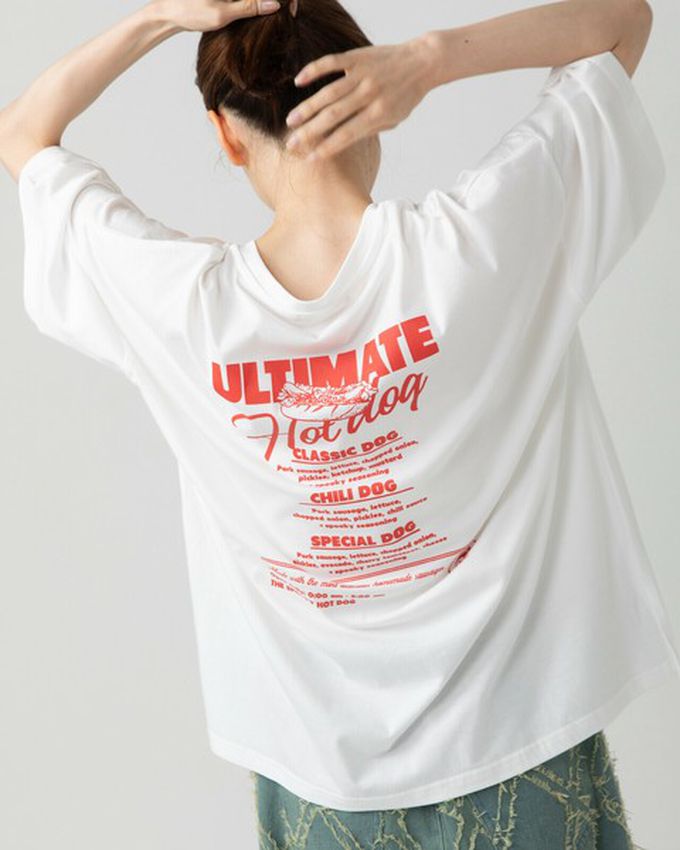 日本 gleam - 幽靈熱狗美式印花寬大風短袖T恤-燕麥灰