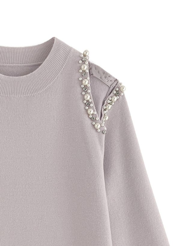 日本 GRL - 聯名款 優雅挖肩珍珠點綴長袖上衣-淺紫