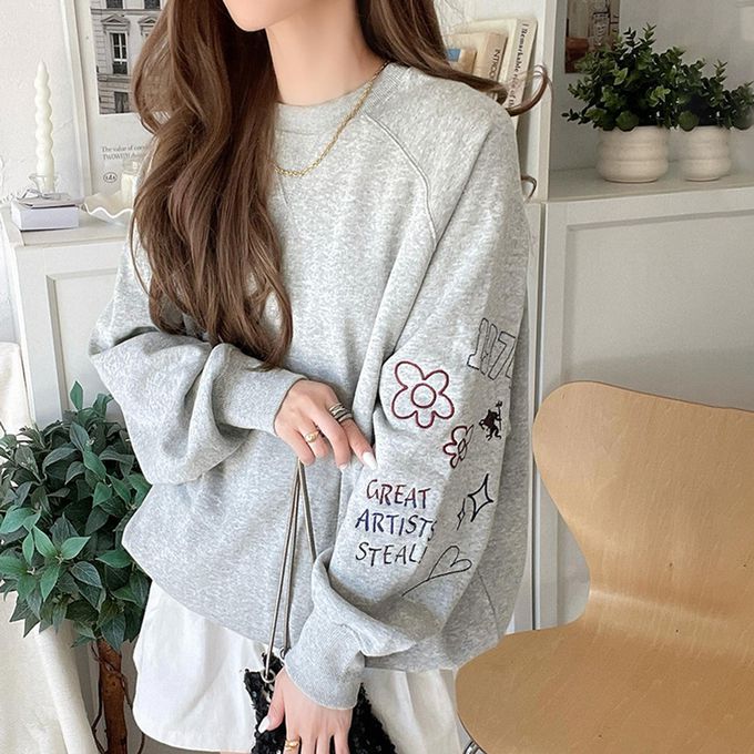 日本 Classical Elf - 俏皮塗鴉裏起毛長袖上衣-米灰