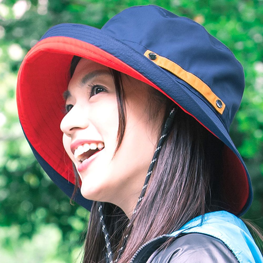 日本 irodori - 抗UV可捲收防潑水遮陽帽(附防風帽帶)-大人款-深藍x紅內裏