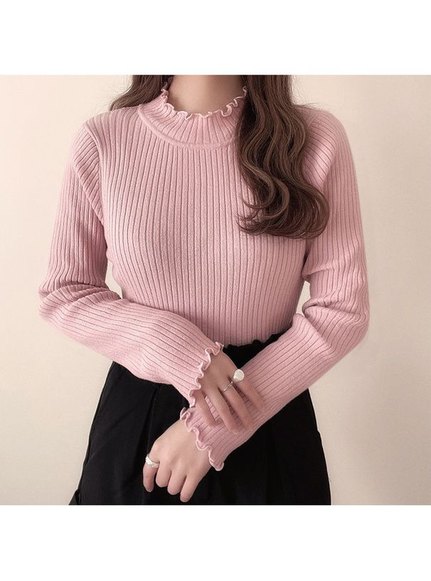 日本 GRL - 百搭木耳領羅紋長袖上衣-白