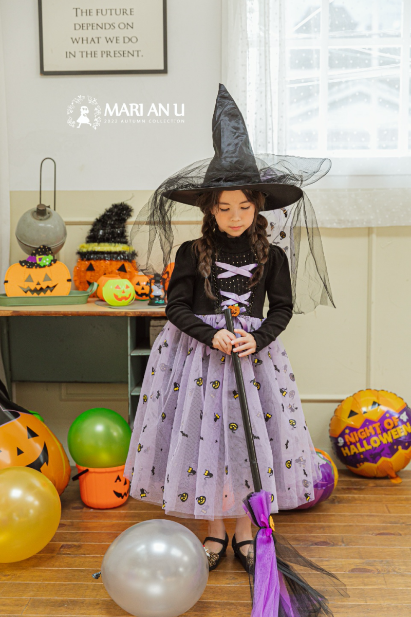 韓國 Mari an u - 萬聖節魔女南瓜網紗洋裝-黑X紫