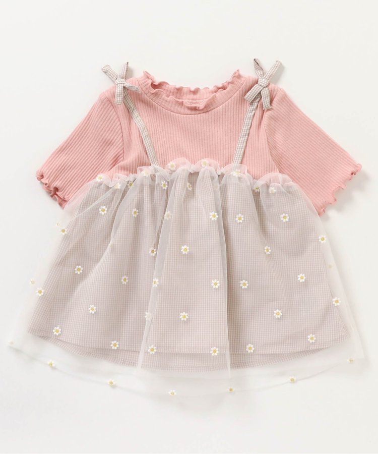 日本 apres les cours - 花朵刺繡拼接夢幻短袖上衣-嫩綠x黑