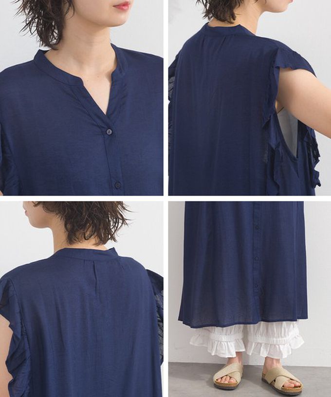 日本 Lupilien - 嫘縈混紡開襟柔軟荷葉短袖洋裝-海軍藍