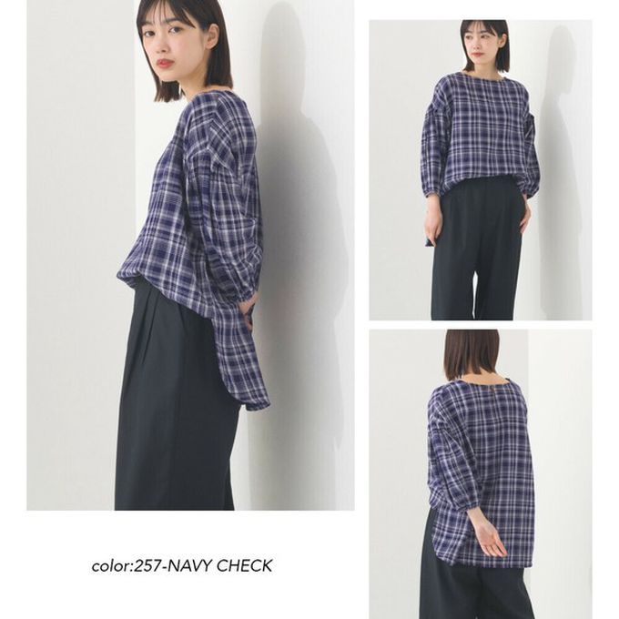日本 OMNES - 100%印度棉 簡潔二重紗澎袖上衣-深藍格紋