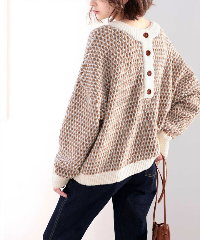 日本 Classical Elf - 復古緹花前後2Way滾邊針織上衣-深藍橘