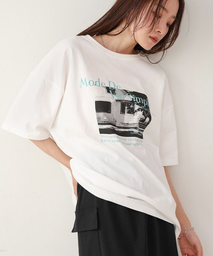 日本 Bab - 100%棉 極簡照片印花五分袖上衣-白底粉紅字 (M)