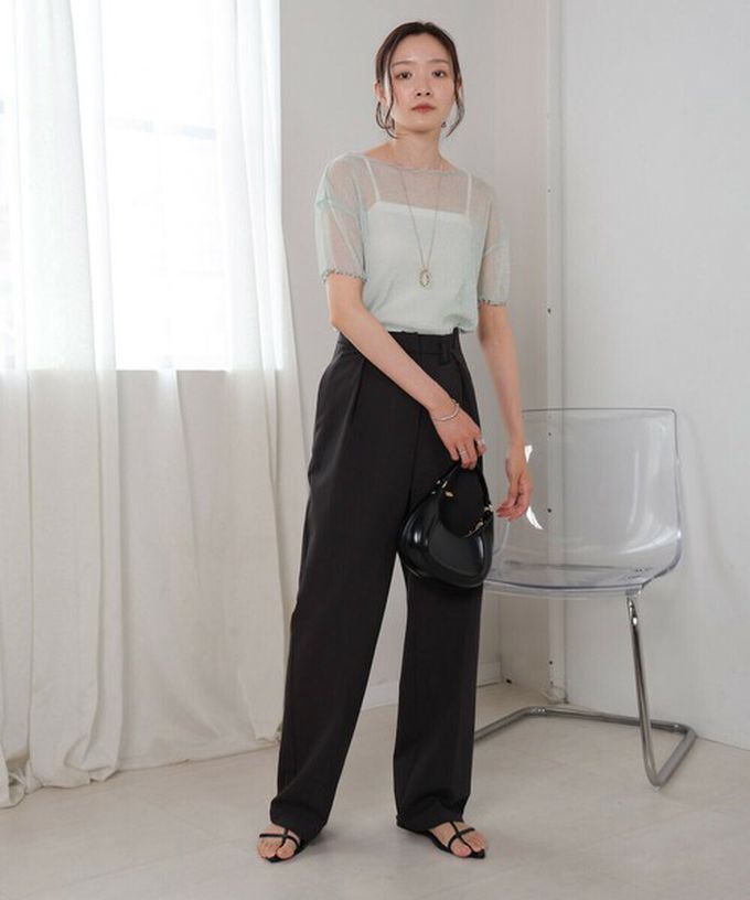 日本 Bab - 華麗微亮透明木耳短袖上衣-(無內裡)-粉紅