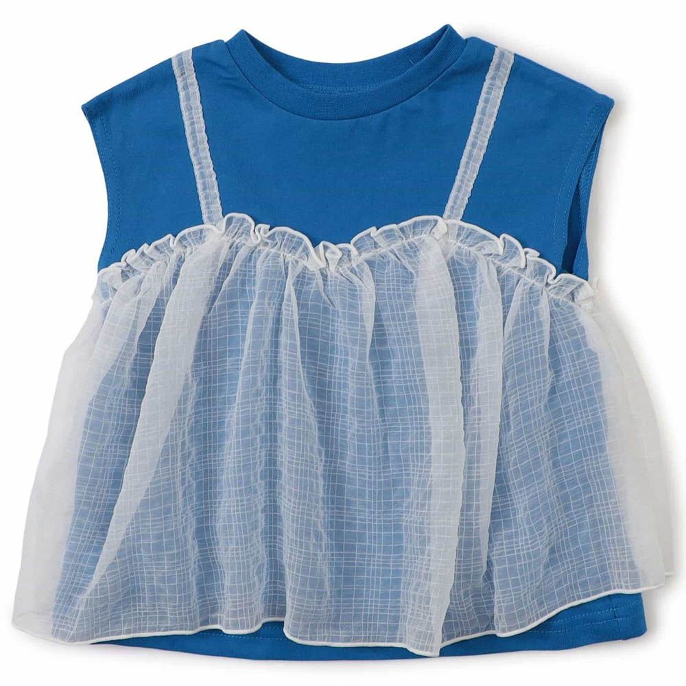 俏麗薄紗拼接法式袖上衣-素面-寶藍