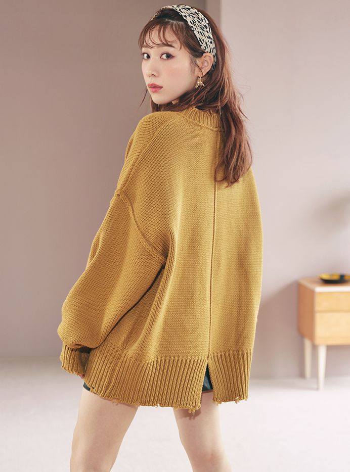 日本 GRL - 寬鬆修身線條微抓破邊衣領針織毛衣-時尚黑