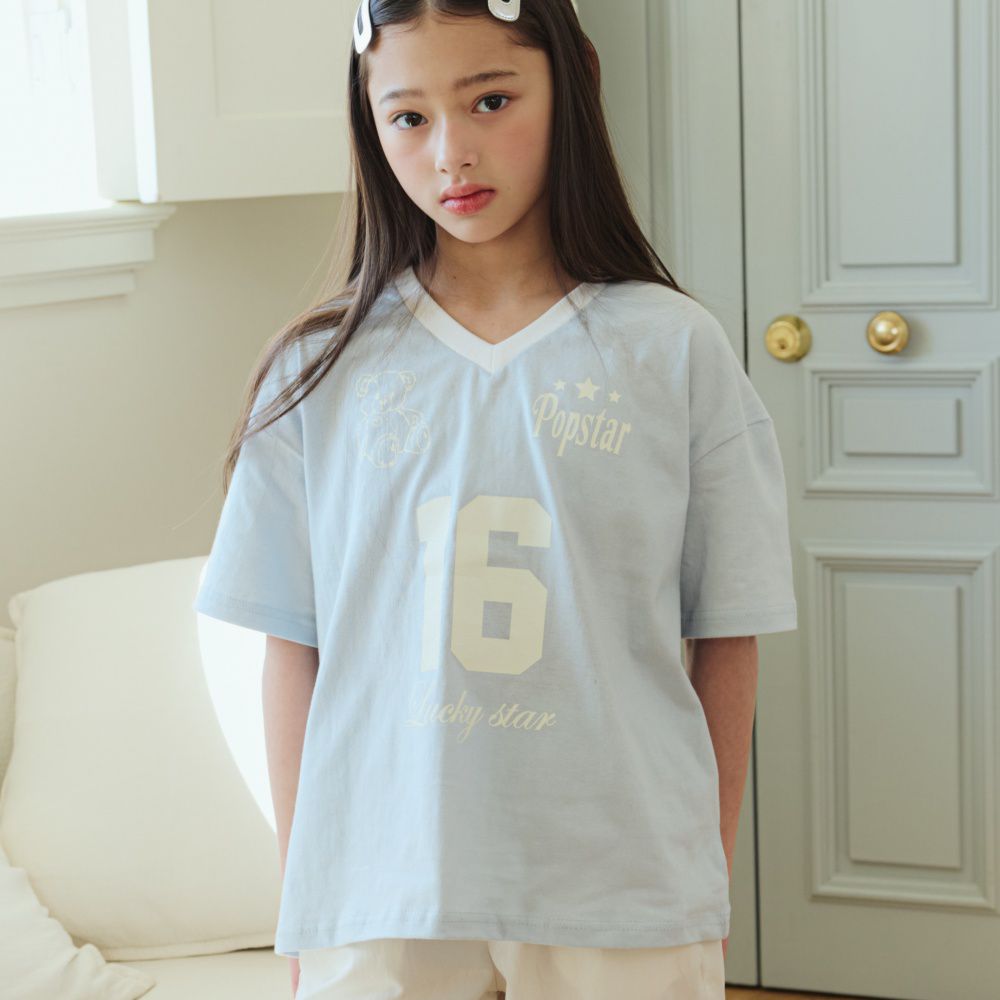 sm2 運動風娃娃文字印V領短袖上衣-天藍