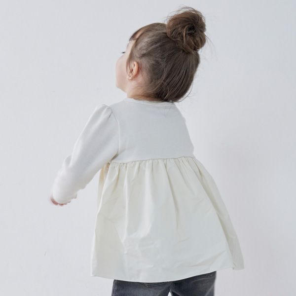 日本 petit main - 珍珠點綴傘狀拼接長袖上衣-淺粉