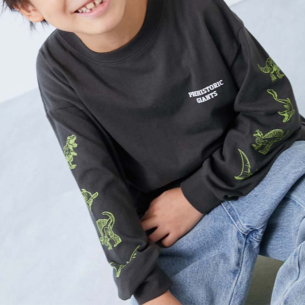 100%棉 寬鬆版型縮口長袖上衣-雙手恐龍-炭黑