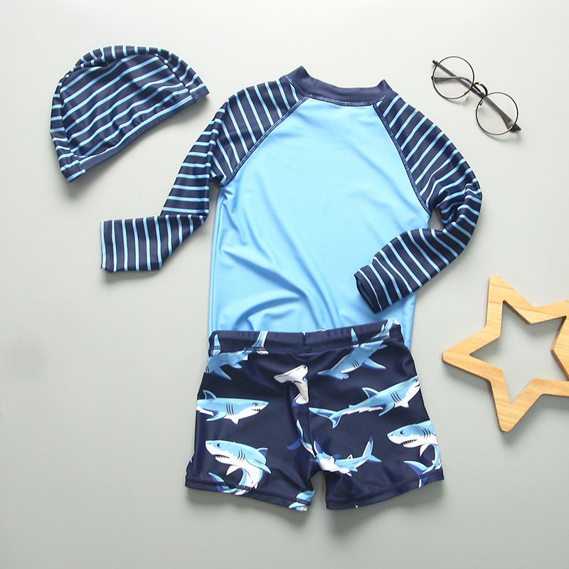 男寶防曬長袖泳裝套裝(附帽子)-鯊魚狩獵-藍色