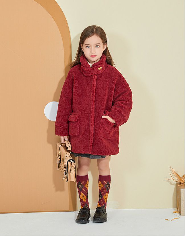 喜氣羊羔毛大衣-金屬愛心扣-粉色