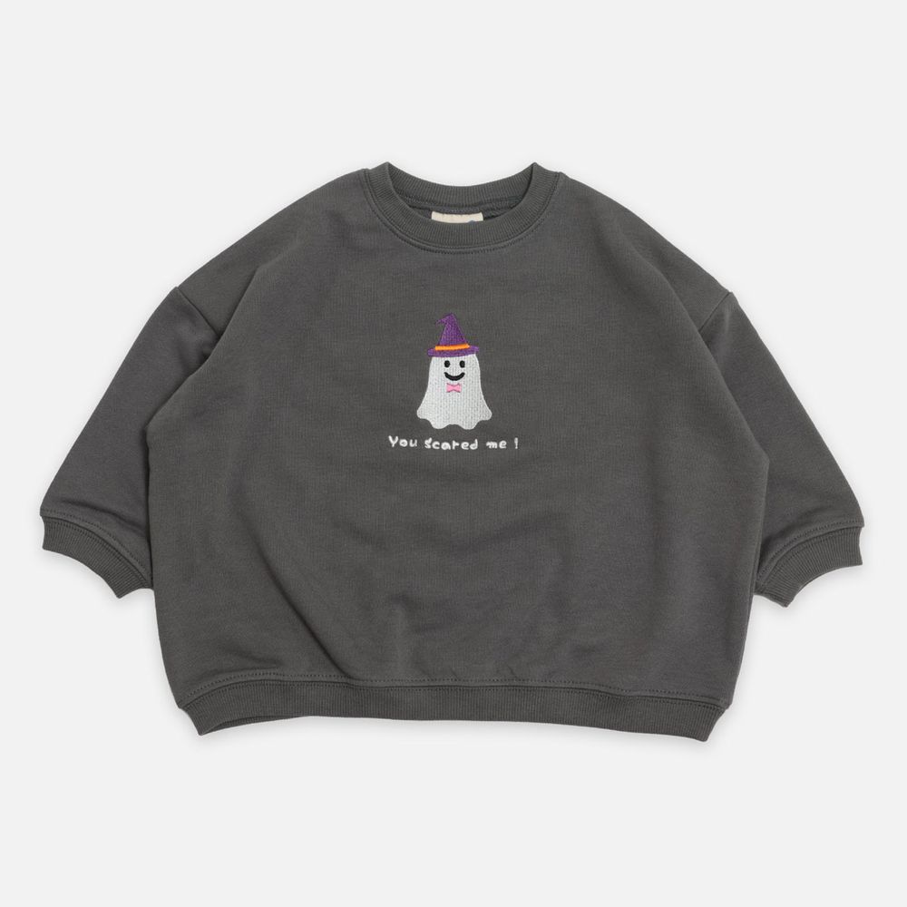 萬聖節可愛刺繡裏毛長袖上衣-幽靈-炭灰